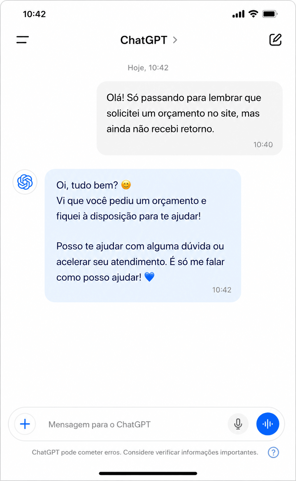 Tela de chat com a resposta da IA para o lembrete de orçamento. O texto é curto