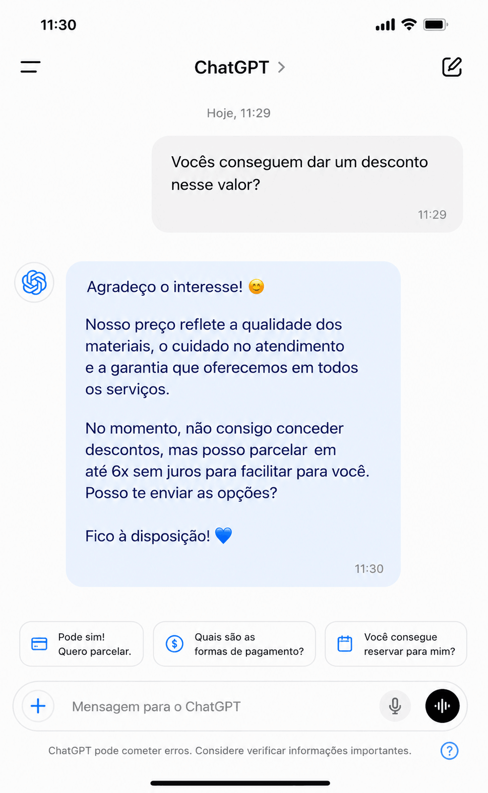 Captura de tela com a resposta da IA recusando um desconto de forma elegante. A
