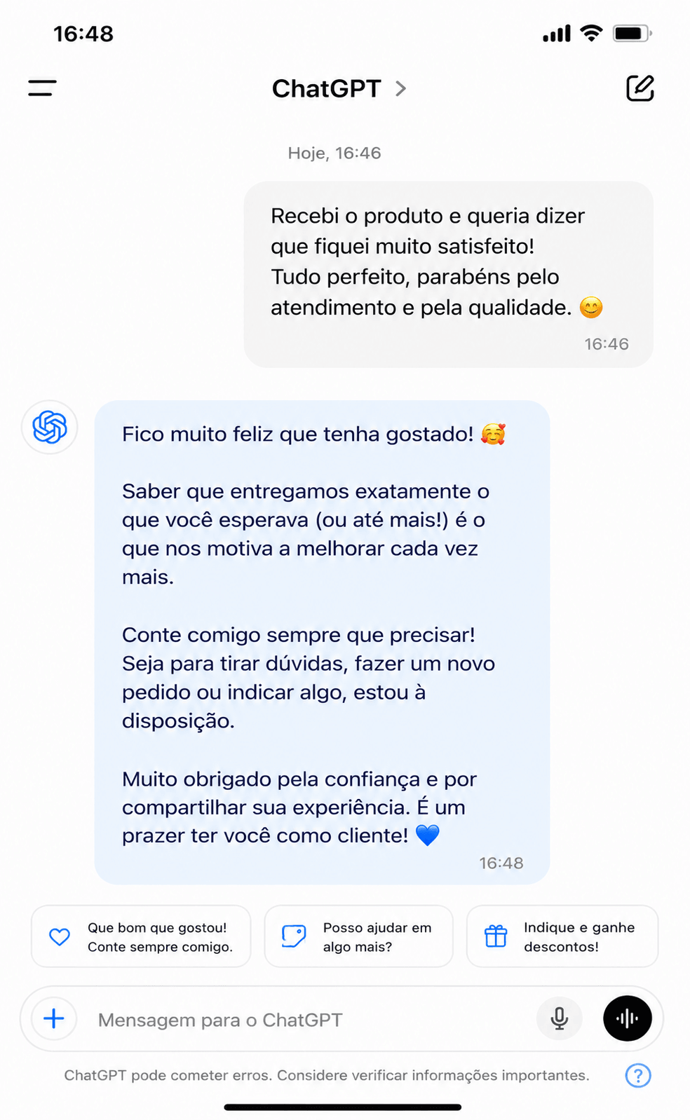 Última captura de tela, com a resposta da IA de pós‑venda: "Fico feliz que tenha