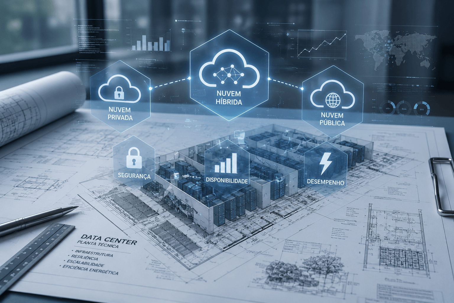 Prancheta de design arquitetônico com plantas de um data center moderno, sobrepo