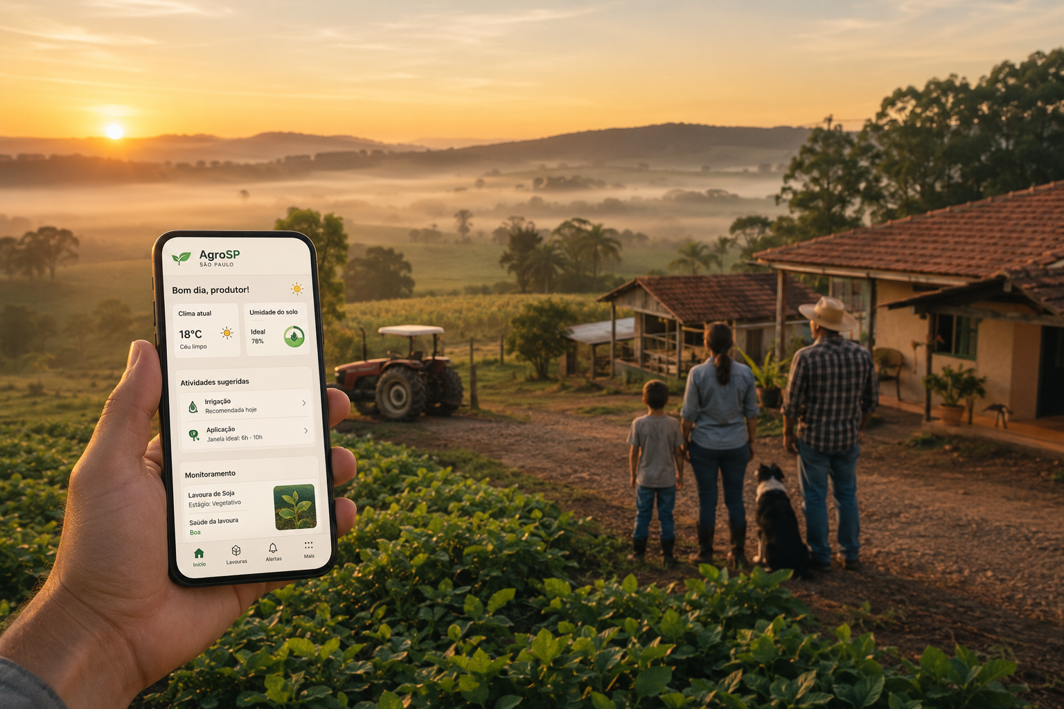 Wide shot of a family farm in interior São Paulo at dawn, with a smartphone in t